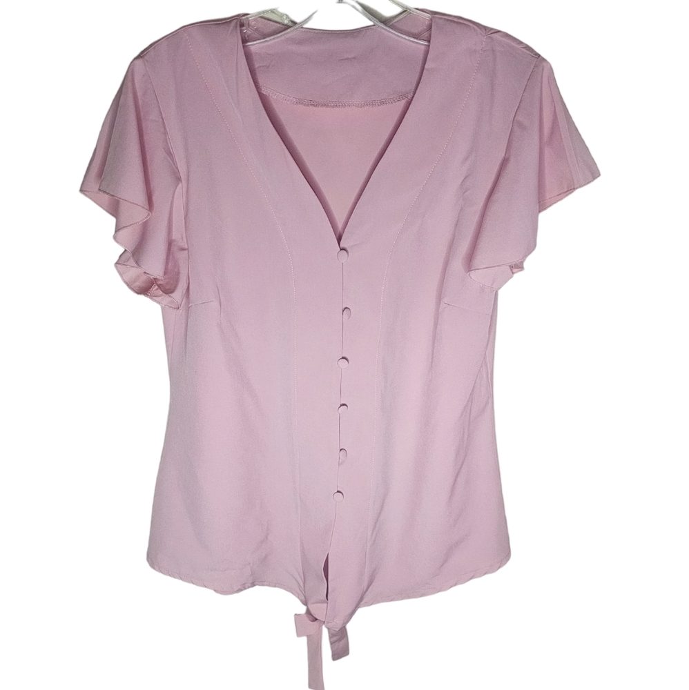 Woman's pink v-neck button down flutter sleeves blouse size L